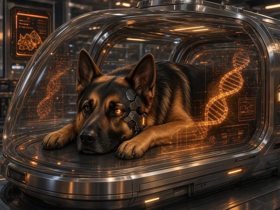 The WarHound pup resting inside a glass gene-sequencing pod with a glowing DNA helix