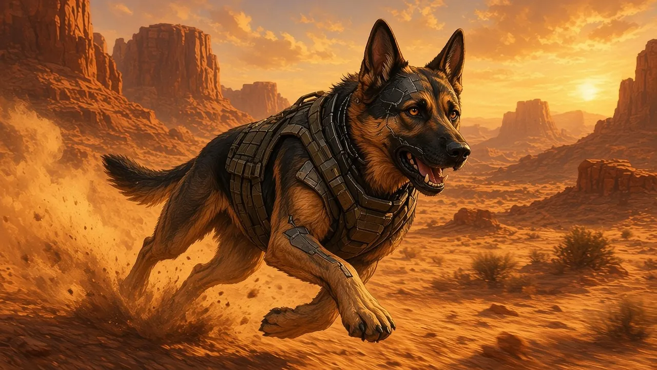 WarHound sprinting across a red desert canyon at sunset, kicking up dust