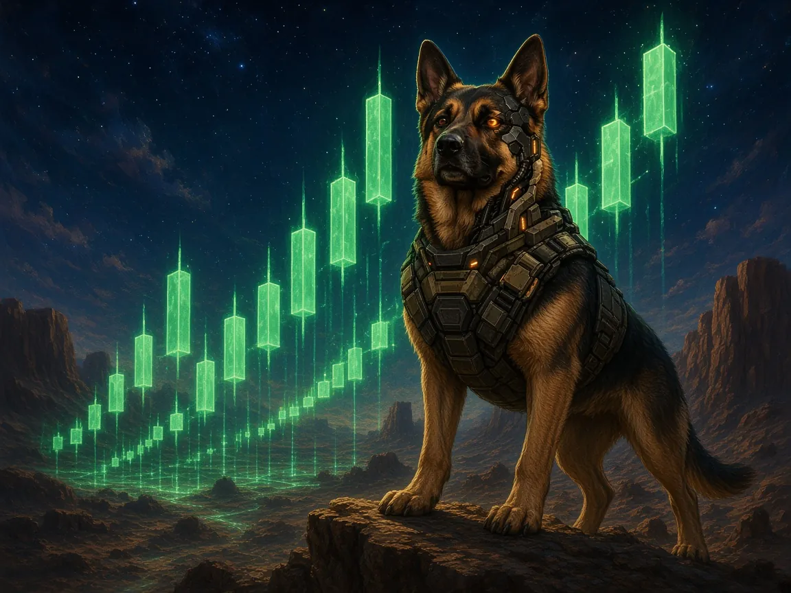 WarHound standing guard on a rock in front of a glowing green candlestick chart at night