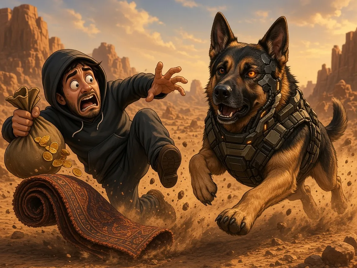 Meme: a hooded thief with a coin bag trips over a rug while WarHound chases him