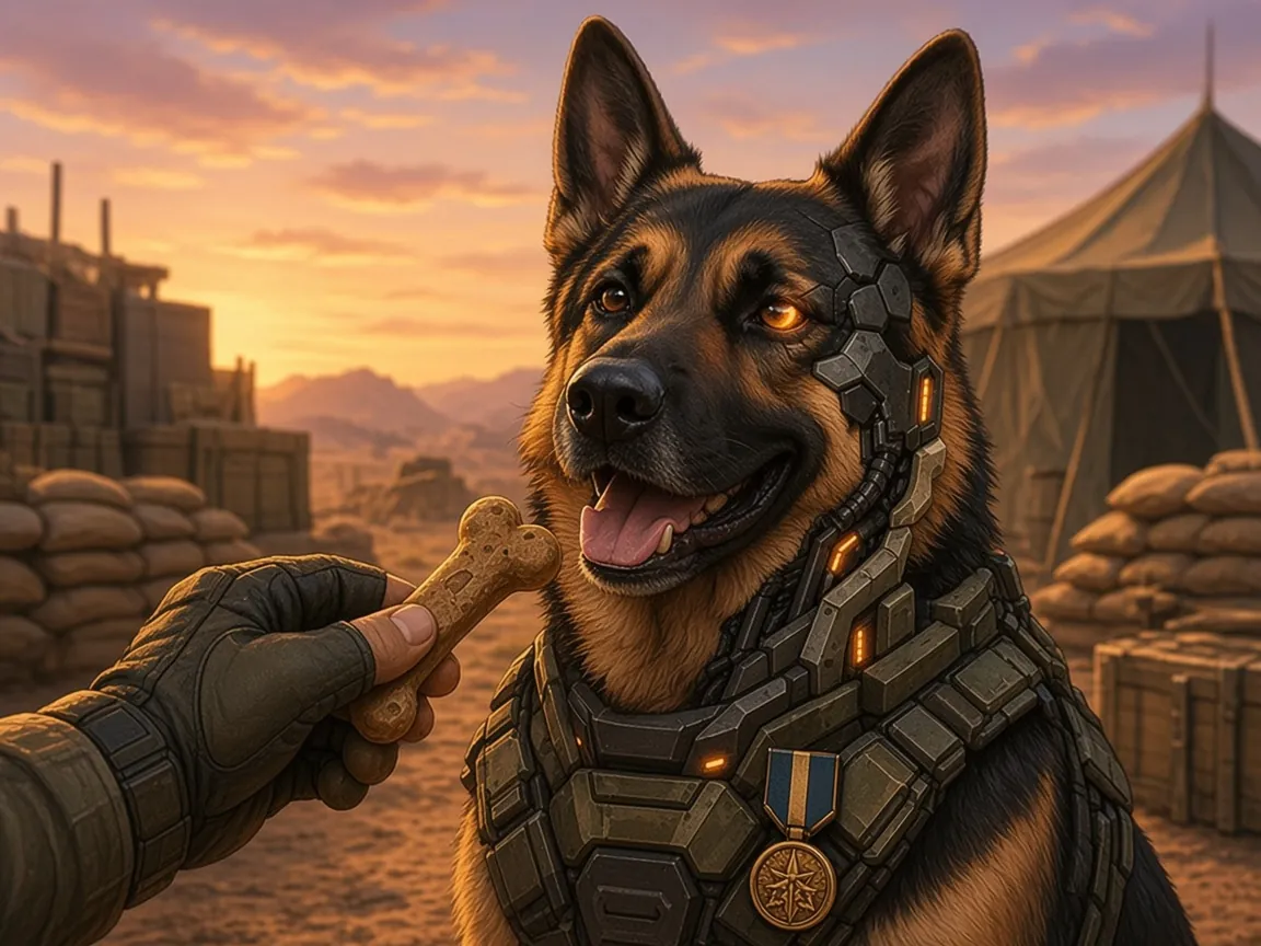WarHound receiving a bone treat from a gloved hand, wearing a medal