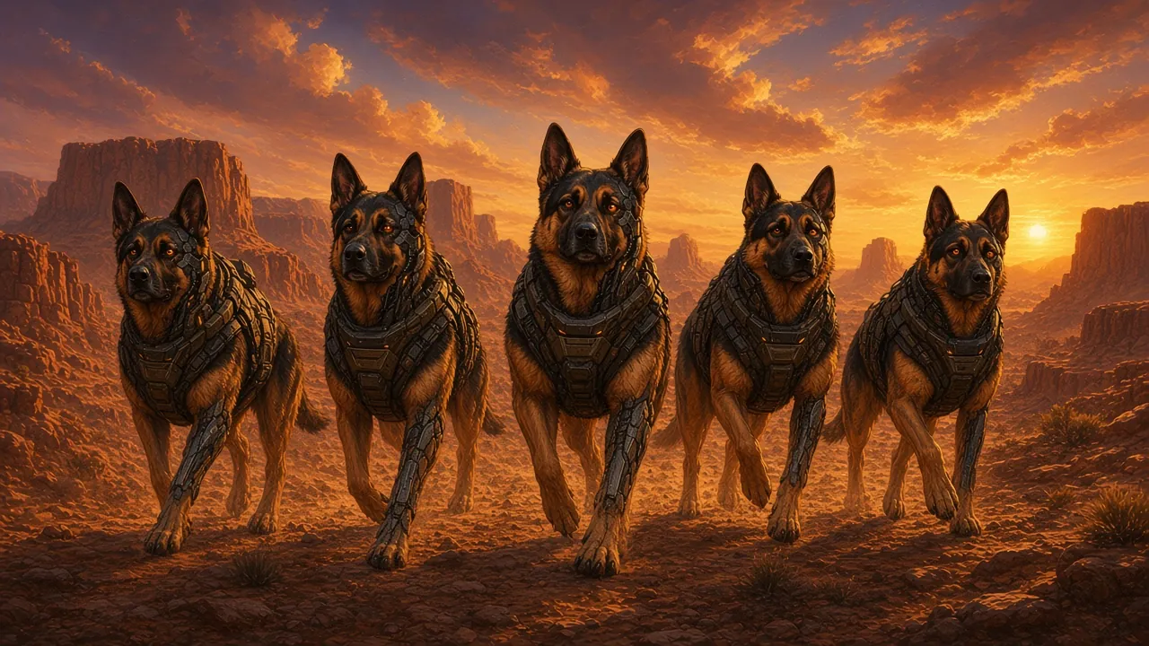 Five armored WarHound dogs walking in formation through the canyon at sunset