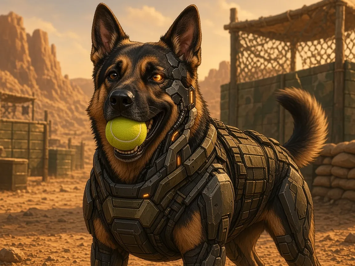 Meme: WarHound in full armor holding a tennis ball in his mouth