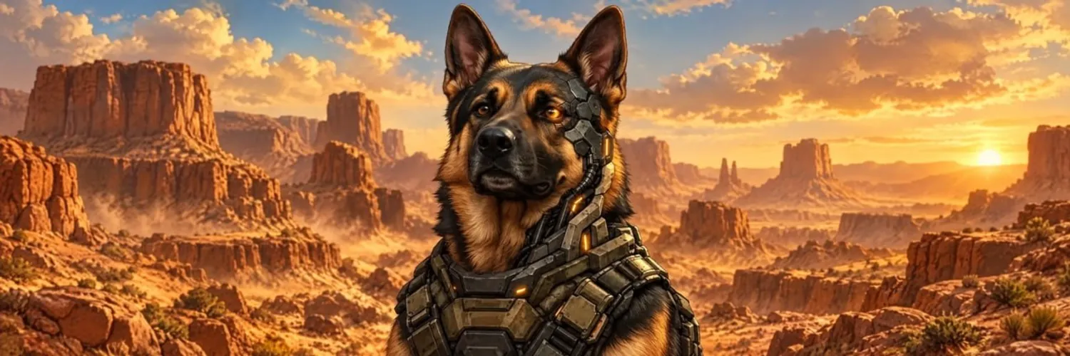 Fan art: the WarHound K9 in cybernetic armor on a sunset canyon ridge