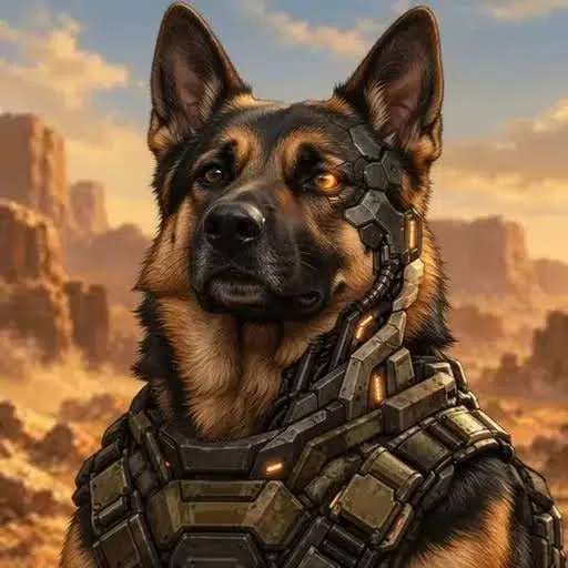 WarHound portrait: German shepherd with cybernetic armor and a glowing orange eye